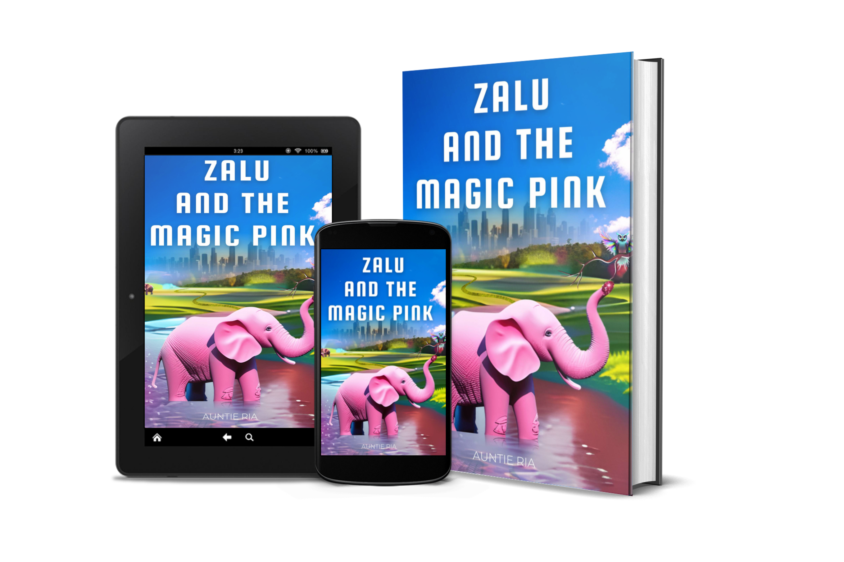 Cover image of Zalu and the Magic Pink featuring a pink elephant named Zalu standing in a vibrant, lush valley.