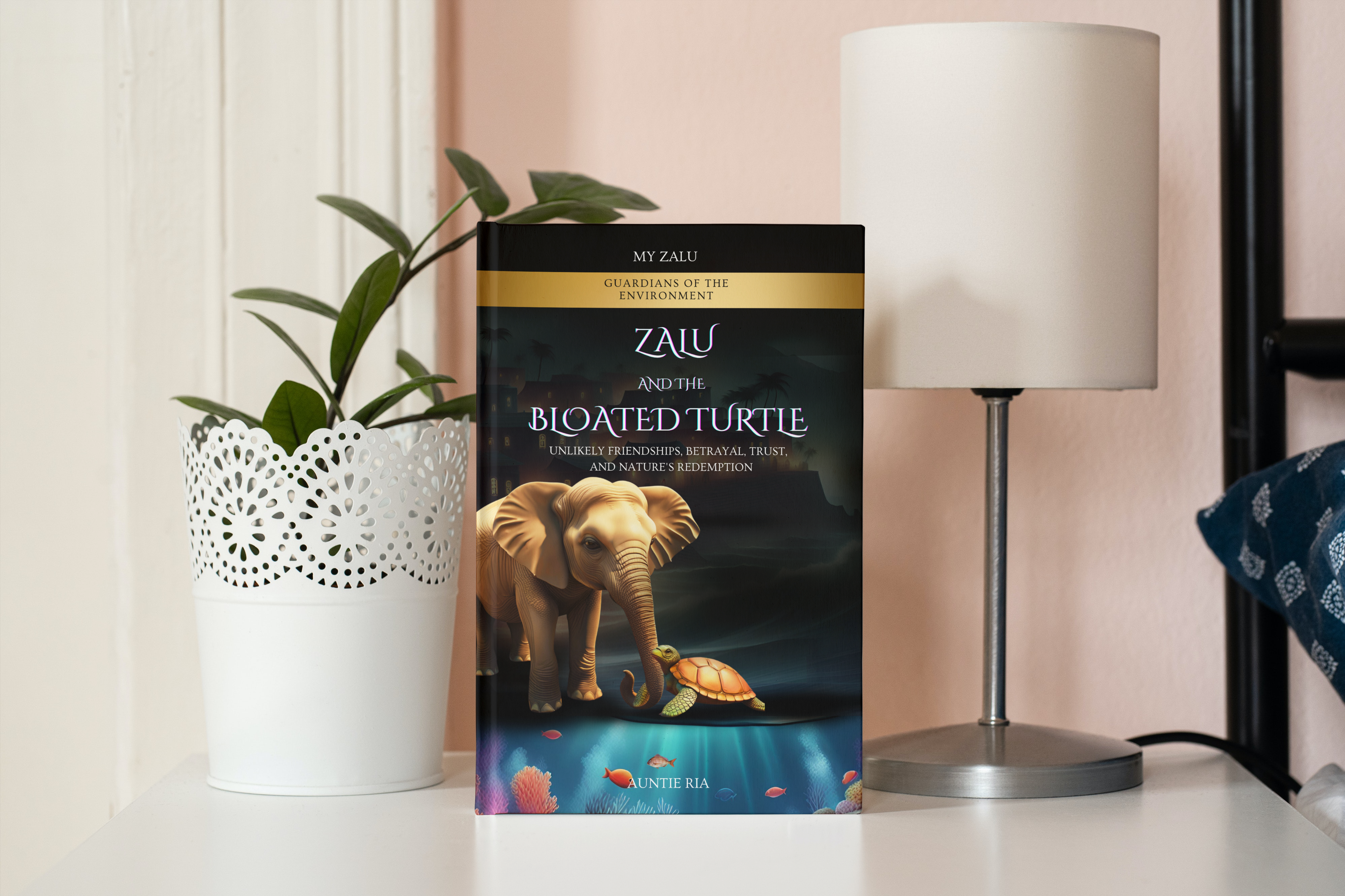 Cover image of the book Zalu and the Bloated Turtle by Maria MacAndrew, featuring a young explorer named Zalu and a turtle in a lush, vibrant environment.