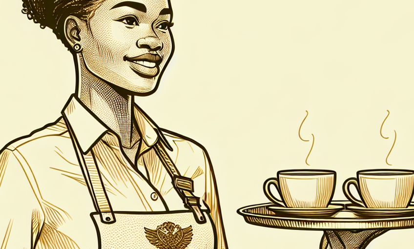 Young Maria MacAndrew in a coffee shop, focused on crafting the perfect latte, showcasing her passion for the craft.