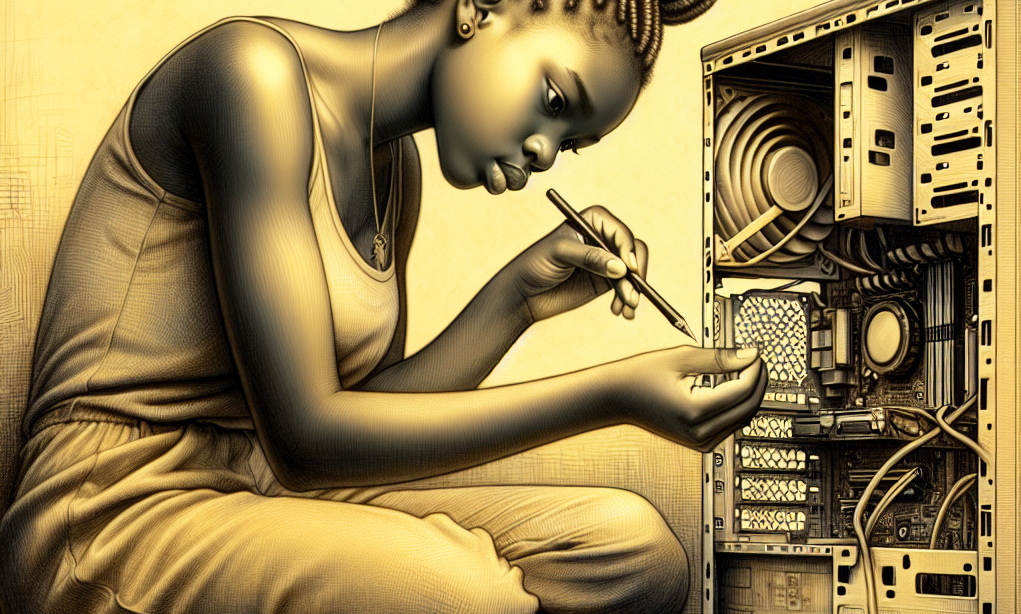 Line drawing of young Maria MacAndrew repairing a computer.