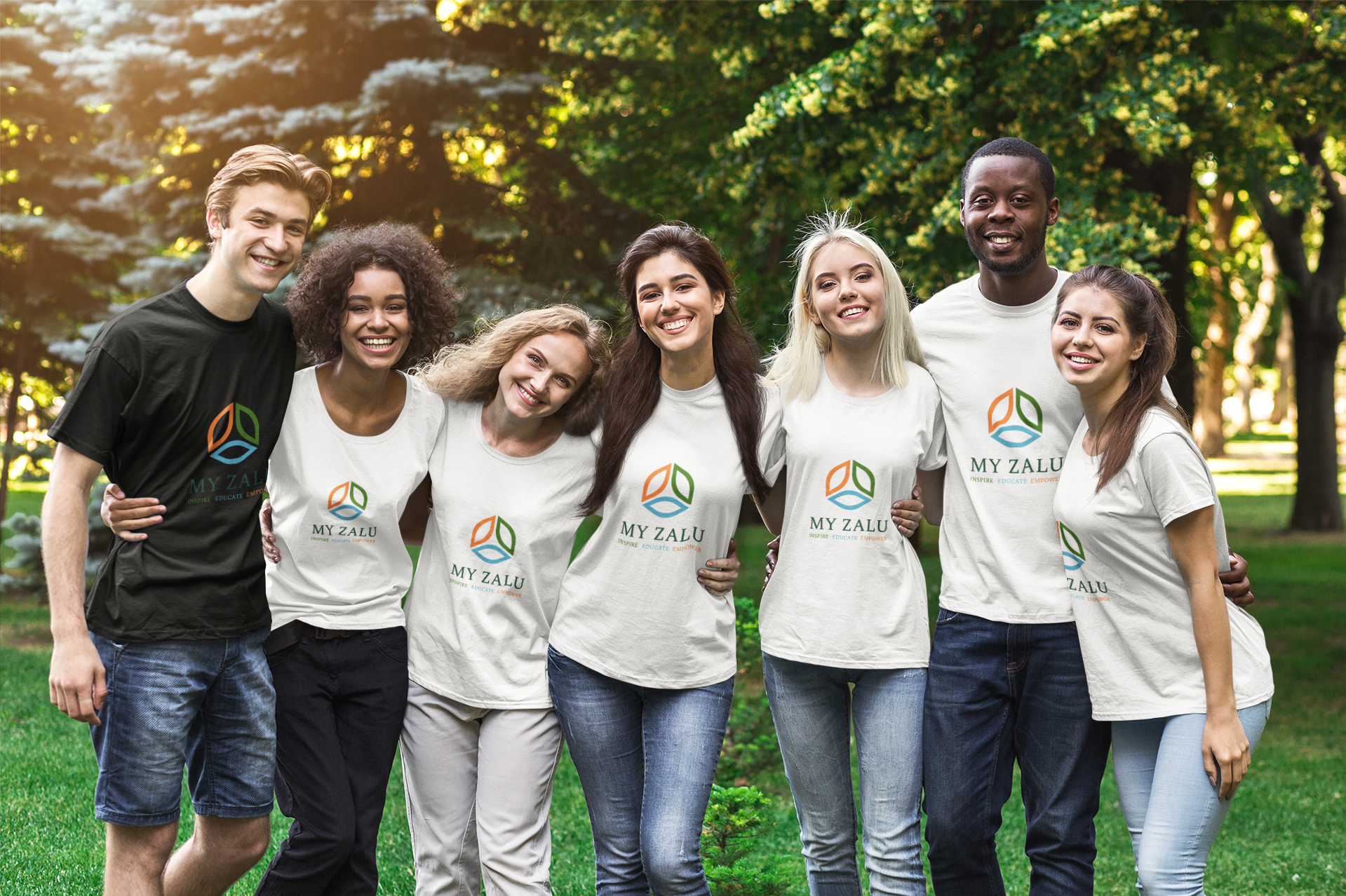 Young people in My Zalu branded T-shirts participating in environmental stewardship activities, such as tree planting and park clean-up